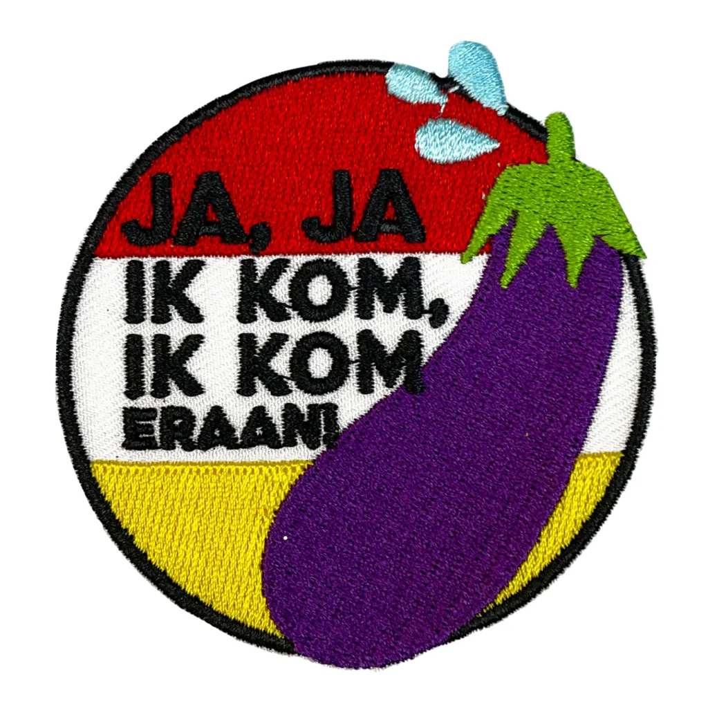 Oeteldonk embleem Ja ja ik kom ik kom eraan Strijkembleem carnaval Rood wit geel Oeteldonk embleem Ja ja ik kom ik kom eraan
