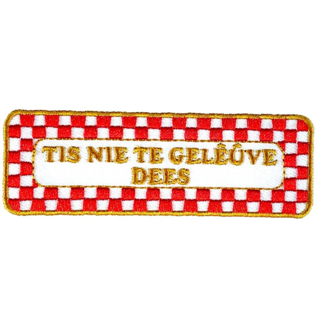 Brabants embleem Nie te Geleuve rood wit goud Strijkembleem carnaval Oeteldonk Nie te Geleuve