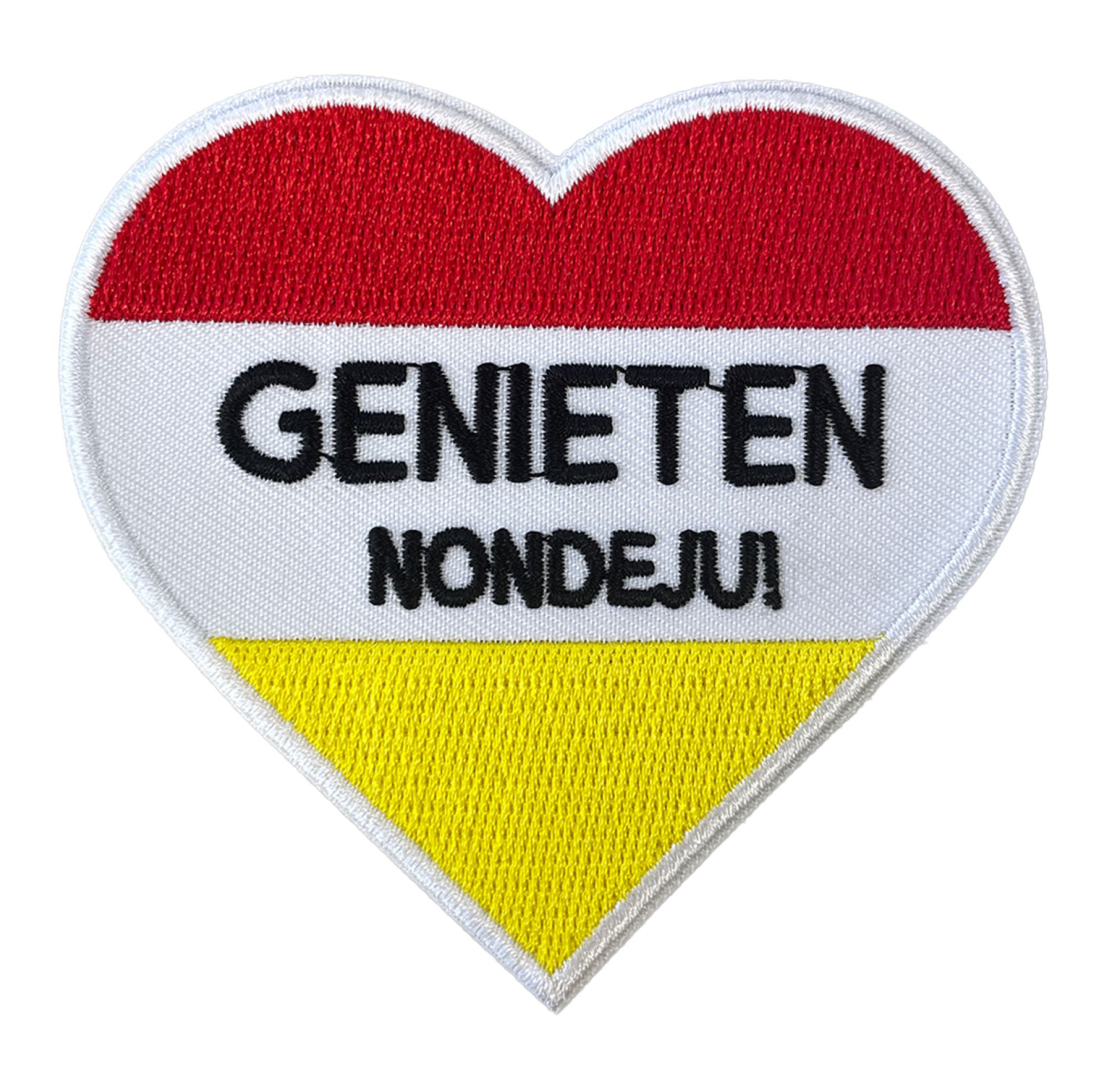 Oeteldonk embleem Hart Genieten Nondeju | strijkembleem carnaval carnavalsembleem hart genieten nondeju rood wit geel