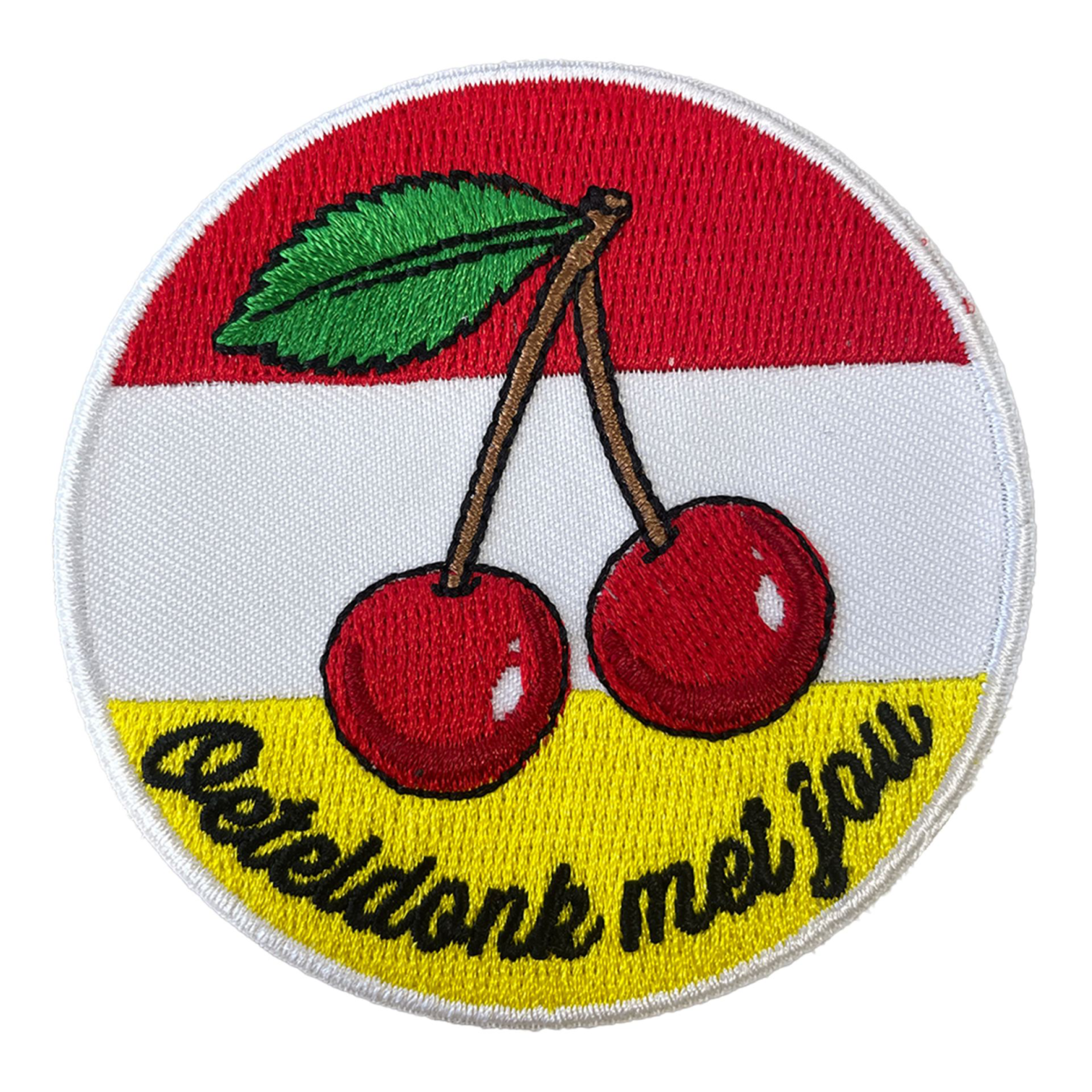 Oeteldonk embleem Oeteldonk Met Jou Kers | strijkembleem carnaval carnavalsembleem Oeteldonk Met Jou Kers rood wit geel