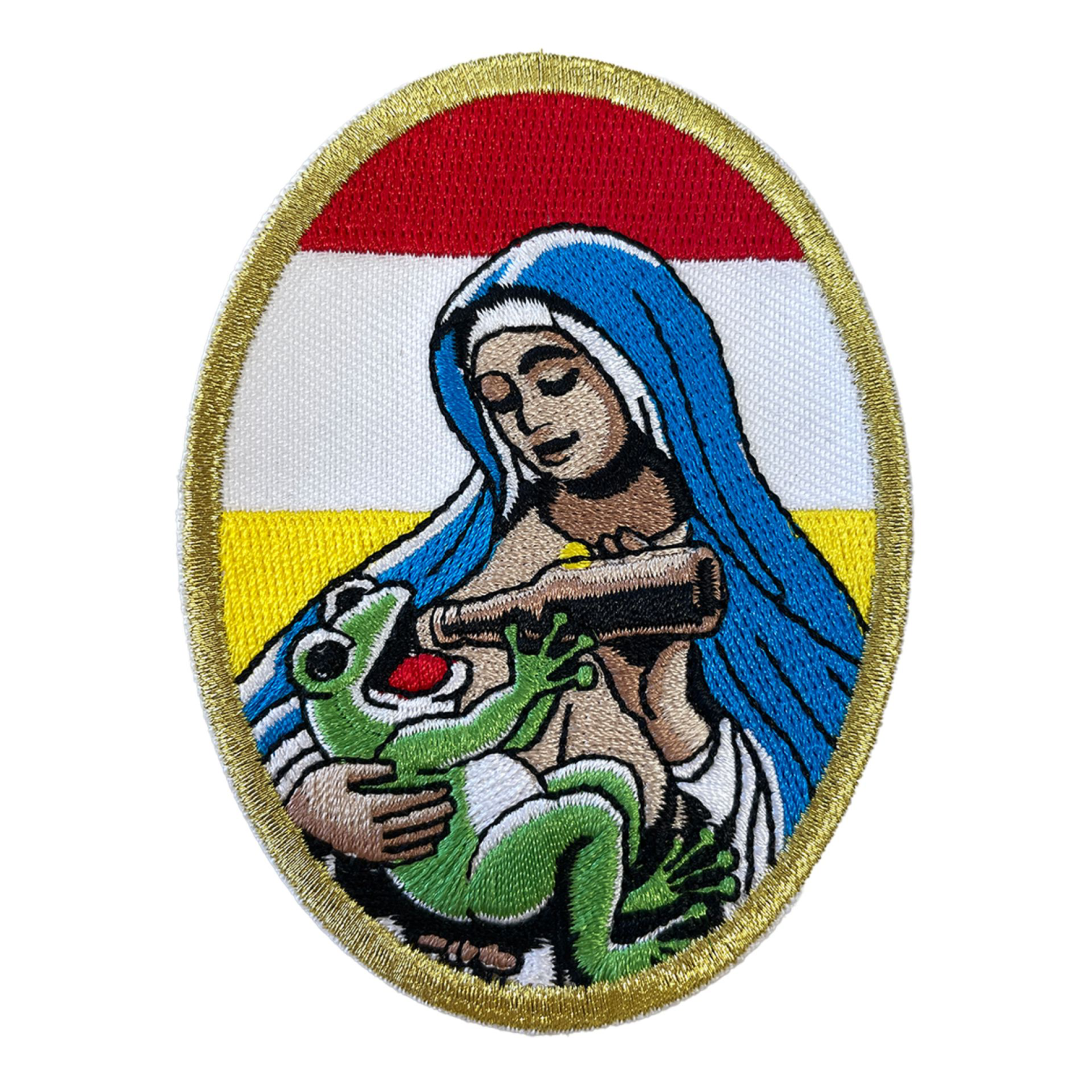 Oeteldonk embleem Maria | strijkembleem carnaval religieus carnavalsembleem Maria rood wit geel Oeteldonk