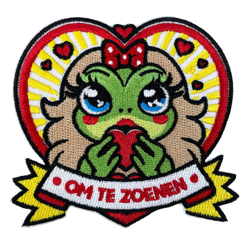 Oeteldonk embleem Om te Zoenen | strijkembleem carnaval humoristisch carnavalsembleem om te zoenen rood wit geel